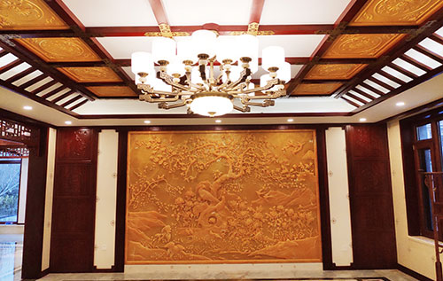 金平中式别墅客厅中式木作横梁吊顶装饰展示